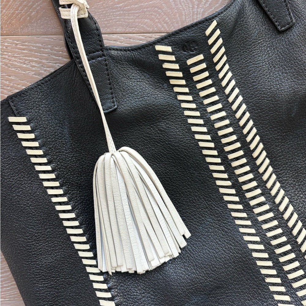 Unique Black Leather Tote Bag with White Whipstitch & Tassel Accent - Picture 2 of 6